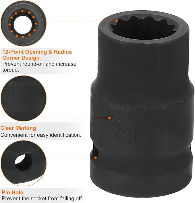 HARFINGTON 12-Point Impact Socket 1/2 Inch Drive 13mm Metric Cr-V Shallow Impact Socket Nut Driver Wrench for Auto Repair
