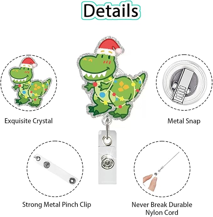 Dinosaur Badge Holder Cute Christmas Retractable ID Badge Reel with Alligator Clip Glitter Dinosaur Light String Acrylic Badge Reels ID Name Tag for Nurse Nursing Office Teacher Xmas Badge Accessories