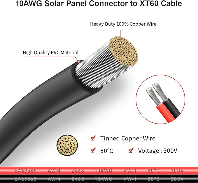 10AWG 50FT XT60 Solar Cable 2 10 25 35 50 75 100FT XT60 Extension Cable Solar Panel Connector to XT60 Connector for Portable Power Station (50FT)