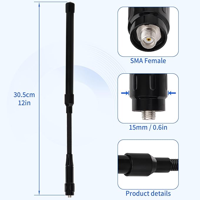 Superbat Dual Band UHF VHF Walkie Talkie Antenna 12 Inch Flexible Fiberglass SMA Female Antenna Compatible with Baofeng UV-5R 888S Retevis Aliunce HD1 Arcshell AR-5 Two Way Radio