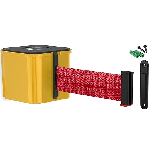 WM412 Retractable Belt Wall Mounted Yellow Crowd Control Barrier and Receiving End, 30' Red Belt