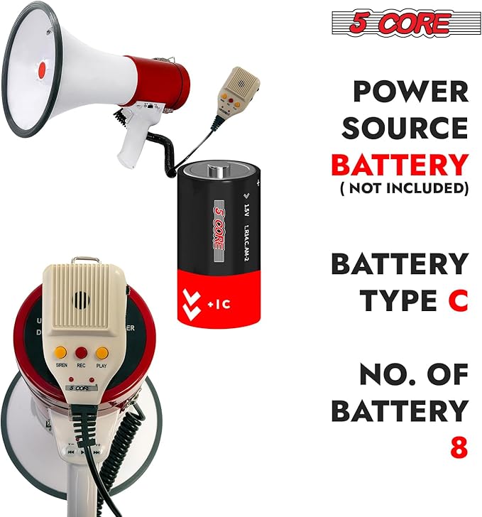 5 CORE Megaphone 50W Bull Horn Professional PA Speaker w 1200 Yards Range Loud Siren Voice Amplifier USB/SD/3.5mm Aux Portable Megafono for Emergency Outdoor Sports and Coaches - 66SF