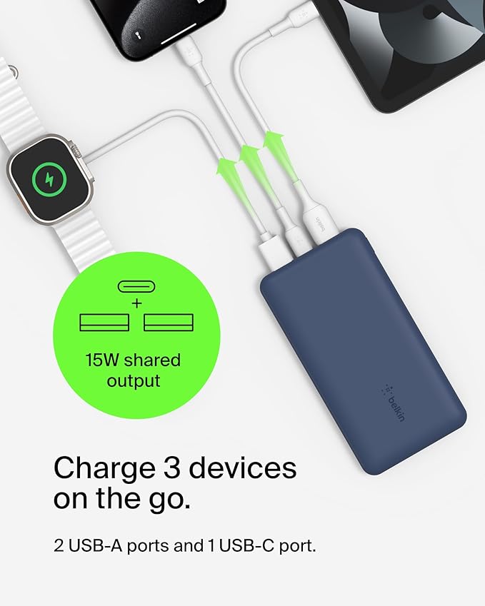 Belkin Portable Charger, USB C Power Bank 10000 mAh w/ 2xUSB-A Ports, 15W w/ Type-C to Type-A Cable - iPhone 17, Air, Pro, Pro Max, Samsung Galaxy S25, Nintendo Switch 2, Google Pixel 10, etc. - Blue