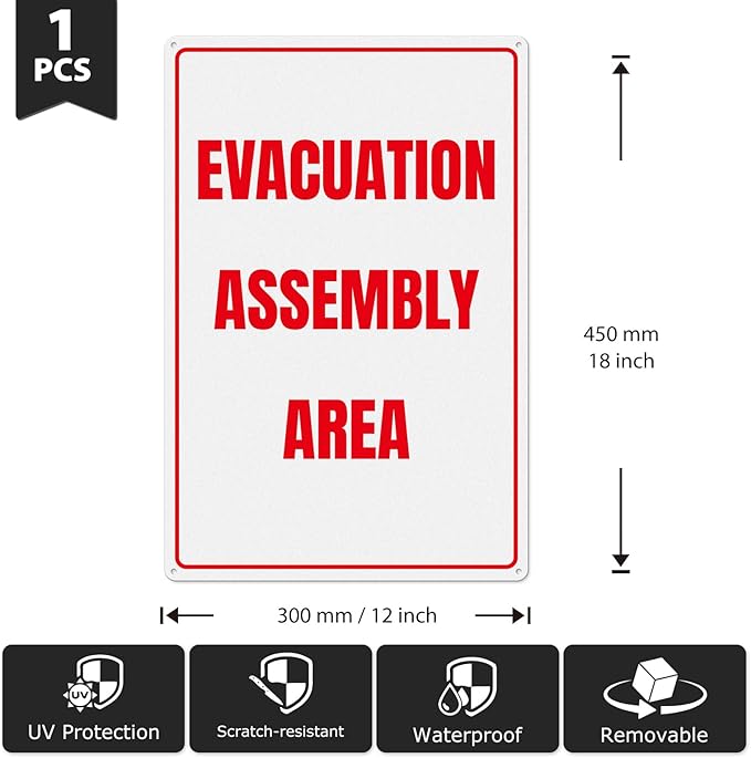 Evacuation Assembly Area Sign 12 × 18 Inches Pre-Drilled Holes Waterproof Signage Aluminum Metal Reflective Warning Notice for Business Factory Warehouse