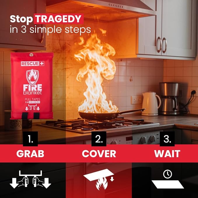 Rescue+ Emergency Fire Blankets – 6 Pack, 40” x 40” Fiberglass Flame Retardant Safety Blanket for Home, Kitchen, Workplace, Travel, Camping, and Car Emergencies