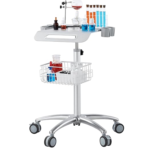 VEVOR Medical Mobile Trolley With Wheels 29.5"-41.3" Height Adjustable Stainless Steel Dental Cart Rolling Desktop Lab With 16.5" 15.7" Large Tabletop