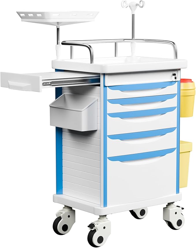 Medical Crash Cart with Emergency Accessory-CPR Board, IV Pole, O2 Holder, Trash Bin, 5 Drawers Nursing Cart with Dividers for Hospital, Clinic, Lab