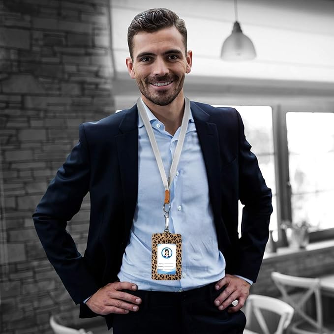 Leopard ID Badge Holder with Lanyard, Vertical Leather ID Badge Card Holder for Office Staff, School Teacher and Student