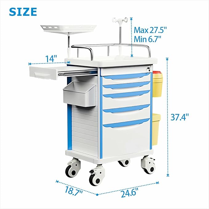 Emergency Crash Cart with Accessories IV Pole, Cardiac Board, O2 Holder, Mobile Cart, Trash Can, Drawer for Clinic,Nursing Center, 30" L x 19" W x 38" H (Blue)