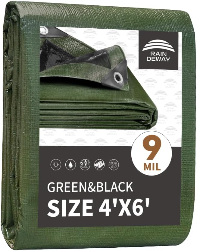 RAINDEWAY Tarps 4x6 Feet,Small Tarp Waterproof,9Mil Thick Finished Size,Multipurpose Poly Tarp Cover with Metal Grommets and Reinforced Edges,Green/Black Tarpaulin