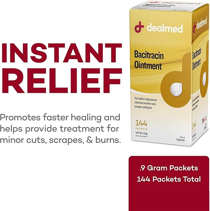 Dealmed Bacitracin Ointment – First Aid Antibiotic Pain Relieving Ointment for Minor Cuts, Scrapes, and Burns, 144 Packets/Box (.5g) - Case of 12