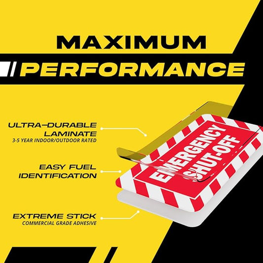 Emergency Shut Off Sign (small) | Emergency Stop Stickers | Shut Off Valve Sign for Powered Machinery and Equipment - Heavy-Duty, Weatherproof, Ultra Durable – USA Made (2x1 inch), 4 Labels