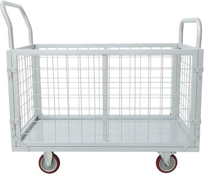 Platform Truck Cart with Cage, 4 in 1 Mutipurpose Handcart with Wheels, 1800lbs Capacity Heavy Duty Push Cart Dolly Foldable Flatbed Cart for Workshops Warehouses Supermarkets