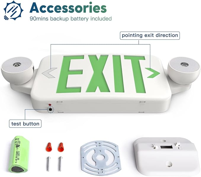 FREELICHT 6 Pack Green Exit Sign with Emergency Lights, Two LED Adjustable Head Emergency Light with Battery, Exit Sign for Business
