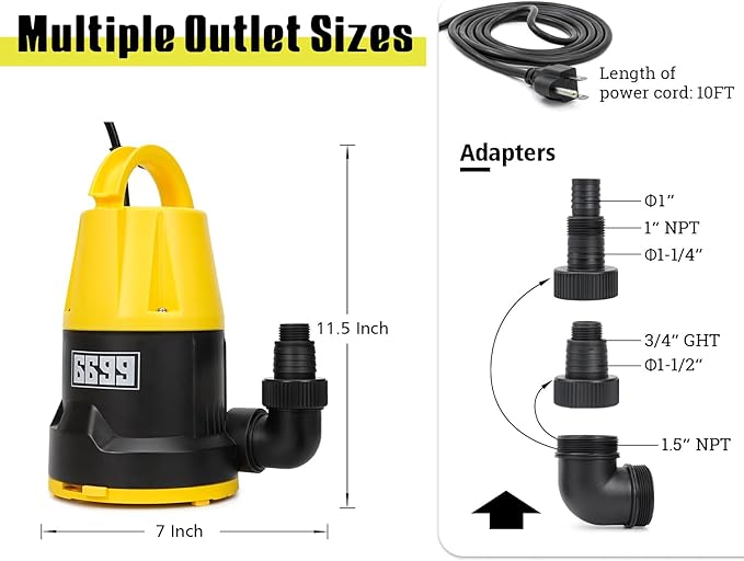 Submersible Sump Pump 1HP Portable Water Pump 5000GPH Drain Water for Pool Pond Hot Tub Flooded House High Flow/Low Water Level Mode Adjustable