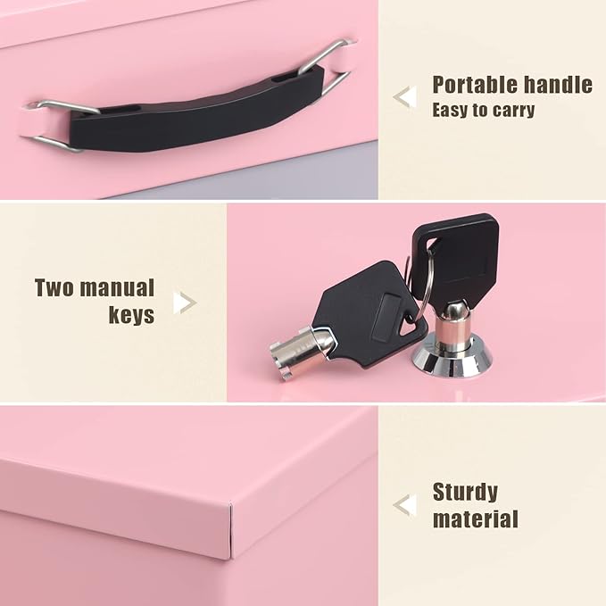 xydled Fire Resistant Safe Fire Safe Box with Key Lock for Home Office Security Storage for Valuables Documents,12.8 x 8.5 x 4.5 Inch,Pink