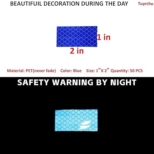 Non Fading Blue Reflective Stickers 1 inch X 2 inch, Outdoor Waterproof High Visibility Warning Safety Adhesive Reflector Tape (50 Pcs)