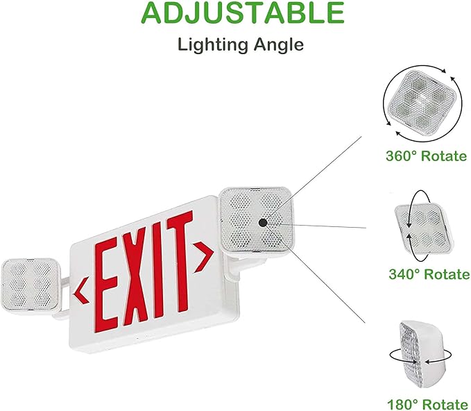 LED Combo Exit Sign Emergency Light, Double Sided with Two LED Flood Lights, Exit Signs for Business with Battery Backup, Fire Resistant, Commercial Grade 100-277V
