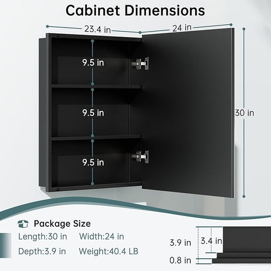 24" x 30" Metal Framed Medicine Cabinet, Bathroom Medicine Cabinet with Mirror, Adjustable Shelves, Tempered Glass Design, Recessed Mirrored Medicine Cabinets for Storage,Black