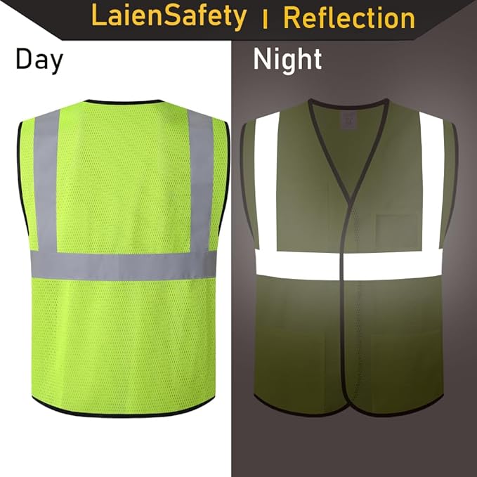 10 Pcs Reflective Safety Vests Bulk with 4 Pockets and Adjustable Front,Mesh Neon Yellow High Visibility Construction Vest for Men Women Outdoor Work (EK-LN10-10-Yellow)