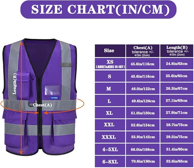 Hi Reflective Safety Vest,A-SAFETY, Hi Vis Bright Neon Colors Safety Vest with 4 Reflective Strips 7 Pockets (6XL, Purple)