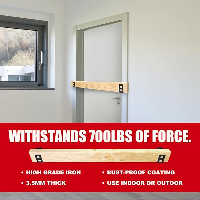 SecurityMan (2-PK) Heavy Duty 2x4 Door Barricade Brackets - 700lbs of Force, Install in Minutes - (4pc) Thick 3.5mm Iron Metal U Bracket | Rust Proof - Gate Bar Holder for Indoor/Outdoor Door Security