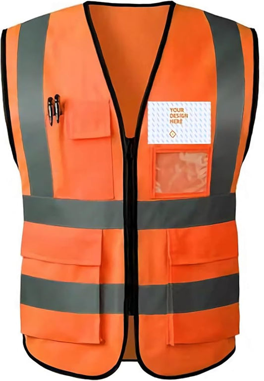 Custom Safety Vest Personalized Logo Hi Vis Reflective Zipper Work Vest with Pockets Fluorescent Yellow Class 2