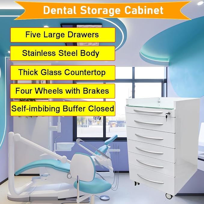 Dental Assistant's Mobile Cabinet 5 Drawer Office File Storage Cart Mobile Utility Storage Cart Stainless Steel Moving Side Cabinet with 2 Pallets Lock Wheels for Dental Medical Office