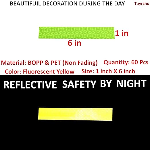 Fluorescent Reflective Stickers 1 inch X 6 inch, Outdoor Waterproof High Visibility Warning Safety Adhesive Reflector (60 Pcs)