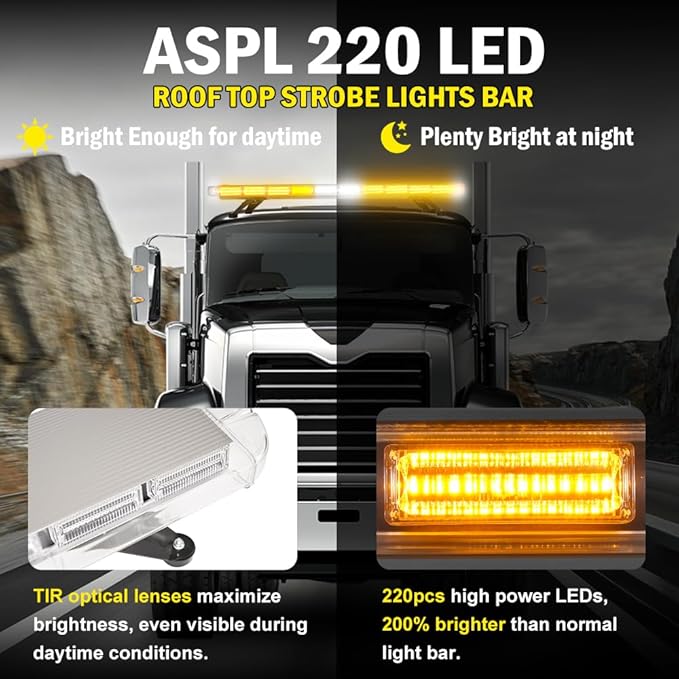 ASPL 46 inch 220 LED Rooftop Low Profile Strobe Light Bar Emergency Warning Beacon Car Hazard Flashing Construction Roof Lights Bars for Trucks Tow Automotive Construction Vehicle (Amber/White/Amber