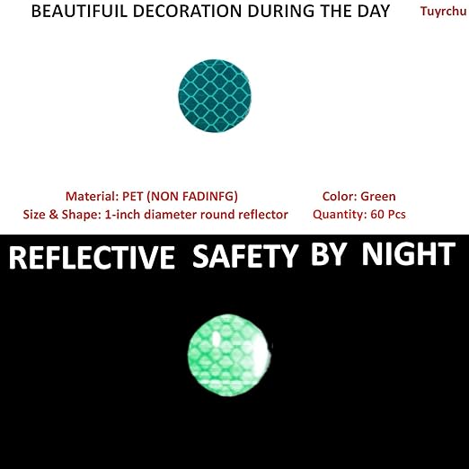 Green Reflective Stickers 1-inch Diameter Round Reflector, Outdoor Waterproof High Visibility Warning Adhesive Tape (60 Pcs)