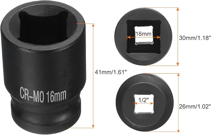 HARFINGTON 4 Point Square Socket 1/2" Drive 16mm Metric Square Impact Socket CR-MO Blackening Standard Wheel Sockets Pneumatic Socket Tool for Auto Repair Mechanical Maintenance Home Use