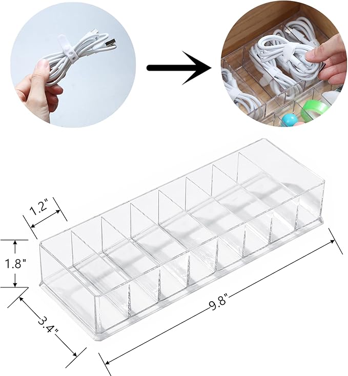 2PCS Clear Electronics Organizer Boxes, 8 Capacity Acrylic Charger Organizer, Cord Organizer Case with 20 Wire Ties, Data Cable Storage Box for Home, Office (Small Without Cover)