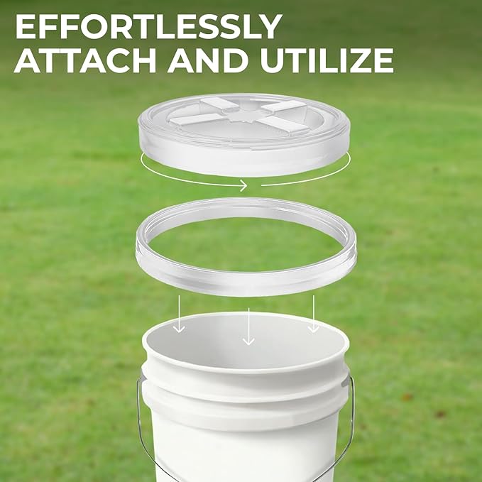 5-Gallon White Bucket Pail with Gamma Seal Screw on Airtight Lid, Heavy-Duty 90MIL Extra Durable, Food Grade, Metal Handles with Plastic Grip for Easy Carrying, Easy Stack & Store, BPA Free - 3 Pack