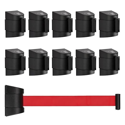 DuraSteel Wall Mount Retractable Belt Barrier - 6.5 Ft Red Safety Belt in Black Casing - Guardian 2.0 Indoor & Outdoor Do Not Cross Caution Tape for Crowd Control Queue Barrier, Line Divider, 10 Pcs