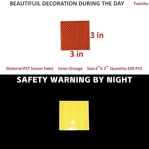 Non Fading Orange Reflective Stickers 3 inch X 3 inch, Outdoor Waterproof High Visibility Warning Safety Adhesive Reflector Tape (100 Pcs)