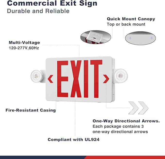 Exit Sign with Emergency Lights,LED Emergency Exit Light with Battery Backup,AC 120/277V, Commercial Emergency Lights Combo for Business Wall Or Ceiling Mount ETL Listed 1 Pack