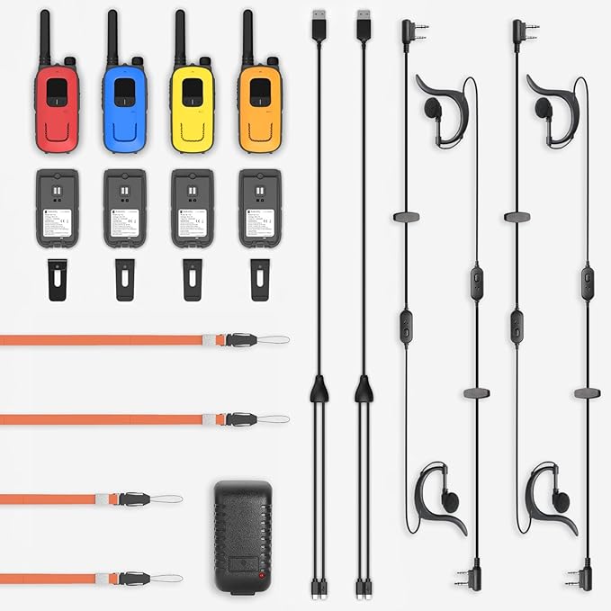 Radioddity FS-T3 Walkie Talkies for Adults Kids Long Range 4 Pack Rechargeable Walky Talky FRS Two Way Radio, 22 Channels USB Charging with Flashlight Earpiece for Camping