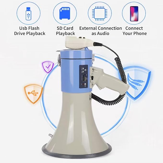 B S 50W Megaphone with Siren,Recording,SD Card,AUX Input for for Crowd Management,Emergencies