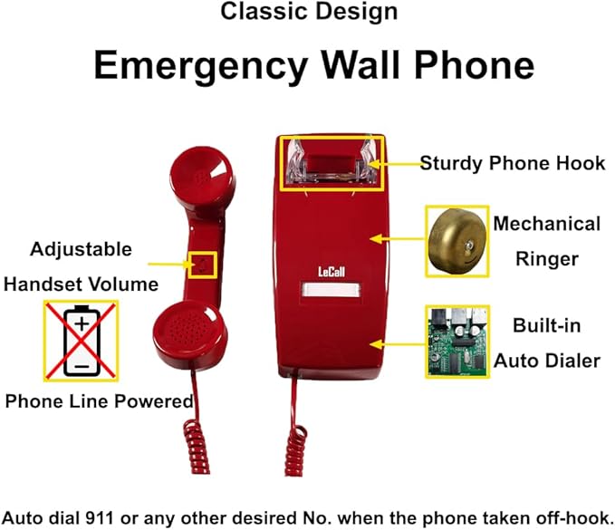 Emergency Phone/Emergency Wall Phone/Hotline Dialer Telephone, Auto Dial 911 and Programmable, No Dial keypad, TEP301