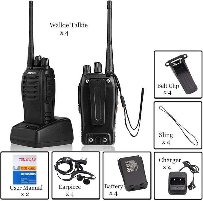 Baofeng Walkie Talkies bf-888s for Adults Handheld Two-Way Radios Long Range UHF Communicator Rechargeable Interphone Professional 4 Pack Walky Talky Set with Earpiece,Li-ion Battery and Charger