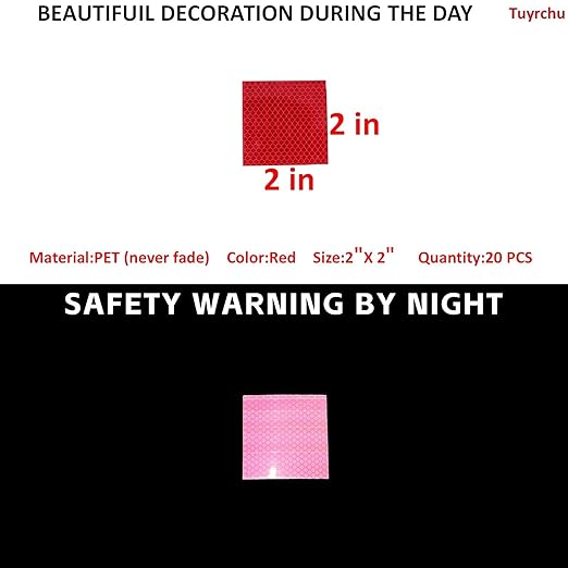 Non Fading Red Reflective Stickers 2 inch X 2 inch, Outdoor Waterproof High Visibility Warning Safety Adhesive Reflector Tape (20 Pcs)