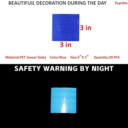 Non Fading Blue Reflective Stickers 3 inch X 3 inch, Outdoor Waterproof High Visibility Warning Safety Adhesive Reflector Tape (20 Pcs)