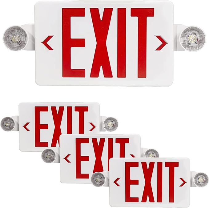 LED Exit Sign with Emergency Light, Double Sided Red with Battery Backup, Red Letter Emergency Exit Sign Lights with Two Adjustable Heads 120-277V AC UL Listed (4Pack, Red)