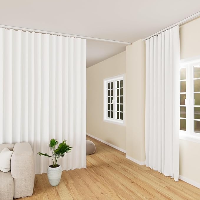 Room Divider Curtains Blackout Ceiling Track Curtain with Hook Wall Mount Sliding Door Curtains Ceiling Mount Extra Wide Curtain Wall Divider for Room Separation(Greyish White,W150 x H108 In)