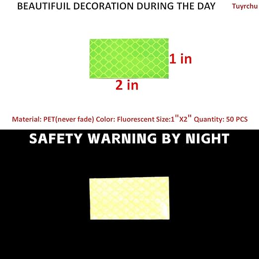 Non Fading Fluorescent Yellow Reflective Stickers 1 inch X 2 inch, Outdoor Waterproof High Visibility Safety Adhesive Reflector (50 Pcs)