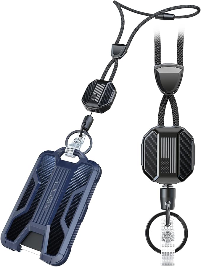 LIUGX Retractable Breakaway Lanyards for ID Badges Holder Keys, Carbon Fiber-Texture & American Flag, Badge Reel with Heavy Duty ID Card Holder (Holds 6 Cards) with 20" Cord, Keychain, 4.2 oz, Blue
