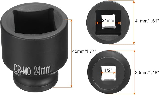 HARFINGTON 4 Point Square Socket 1/2" Drive 24mm Metric Square Impact Socket CR-MO Blackening Standard Wheel Sockets Pneumatic Socket Tool for Auto Repair Mechanical Maintenance Home Use