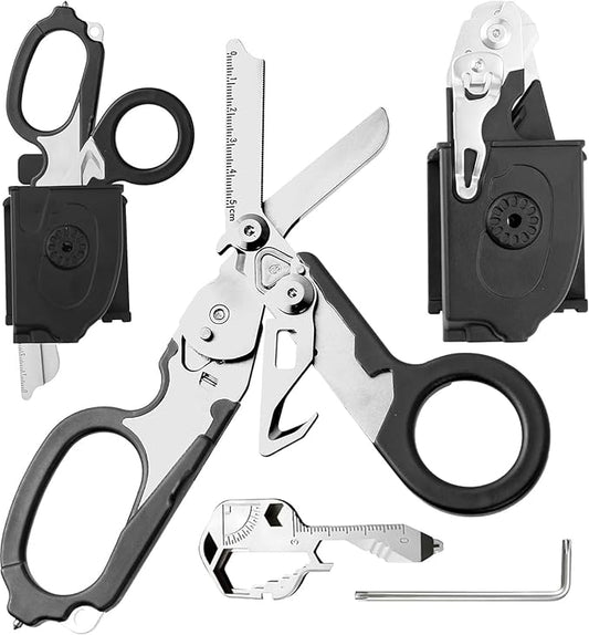 Heavy Duty 6 in 1 Multipurpose Emergency Trauma Shears Scissors with Holster - Outdoor Camping Rescue Tools with Glass Breaker & Strap Cutter Stainless Steel Foldable Scissors Pliers Silver