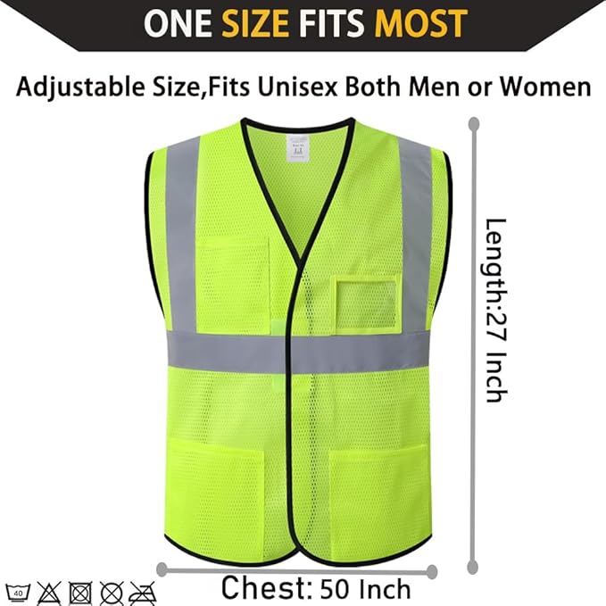 10 Pcs Reflective Safety Vests Bulk with 4 Pockets and Adjustable Front,Mesh Neon Yellow High Visibility Construction Vest for Men Women Outdoor Work (EK-LN10-10-Yellow)